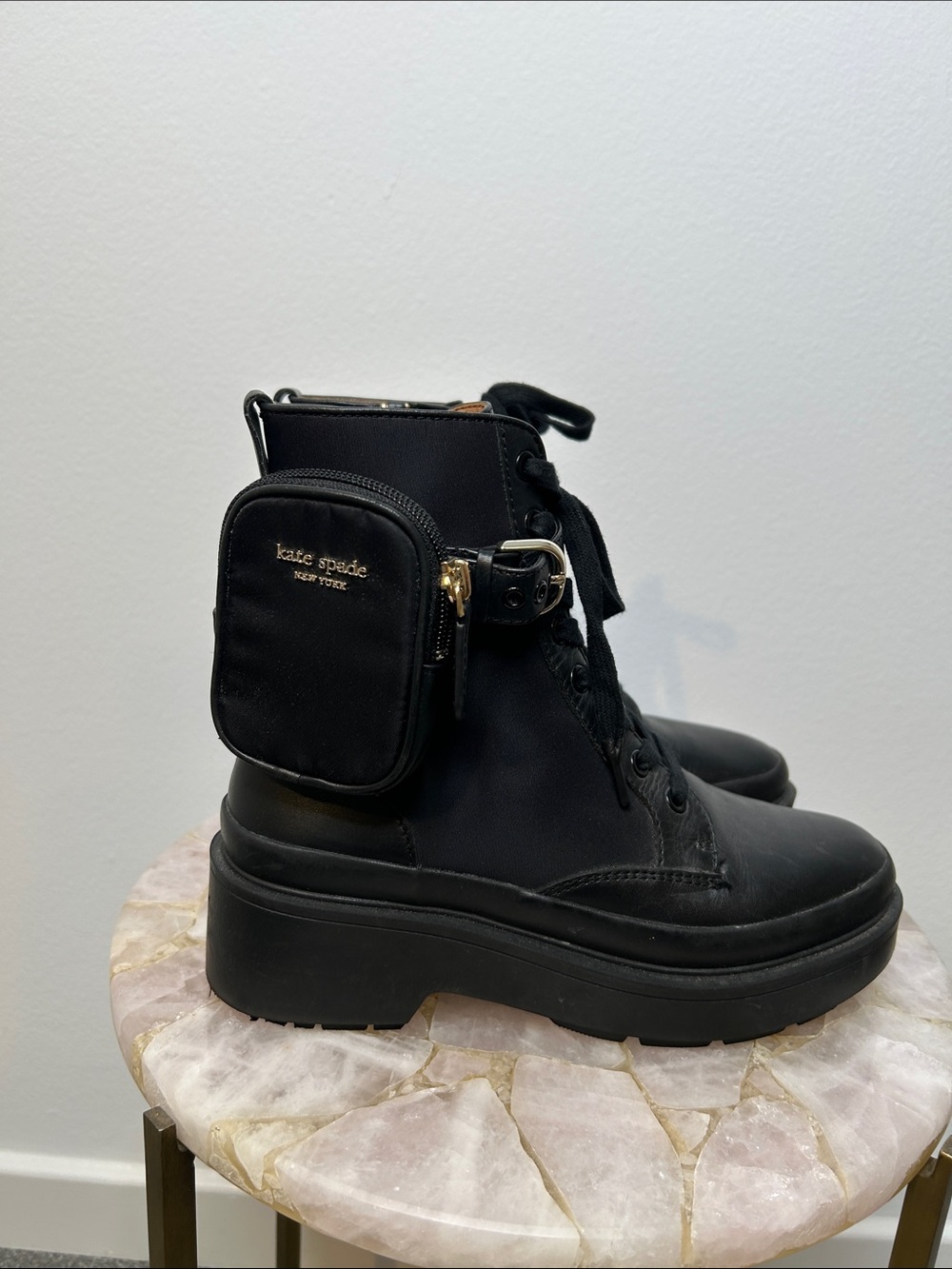 kate spade Black Combat Boots with Detachable Pouch